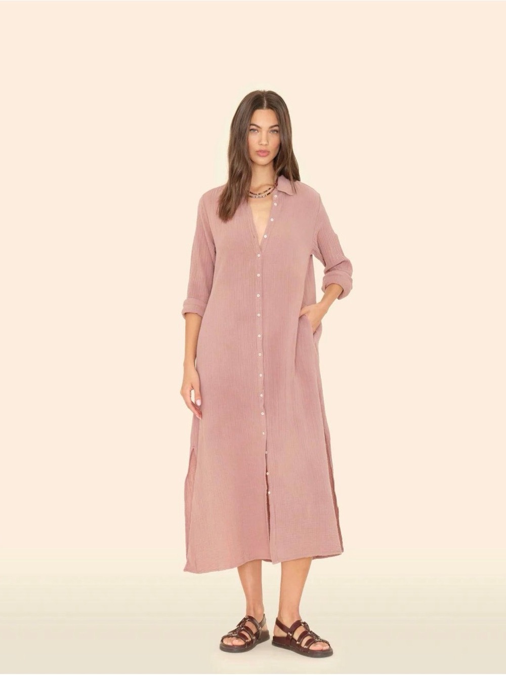 Natural Life Cotton Button Front Shirt Dress Brown Mauve Midi Side Slits Size M